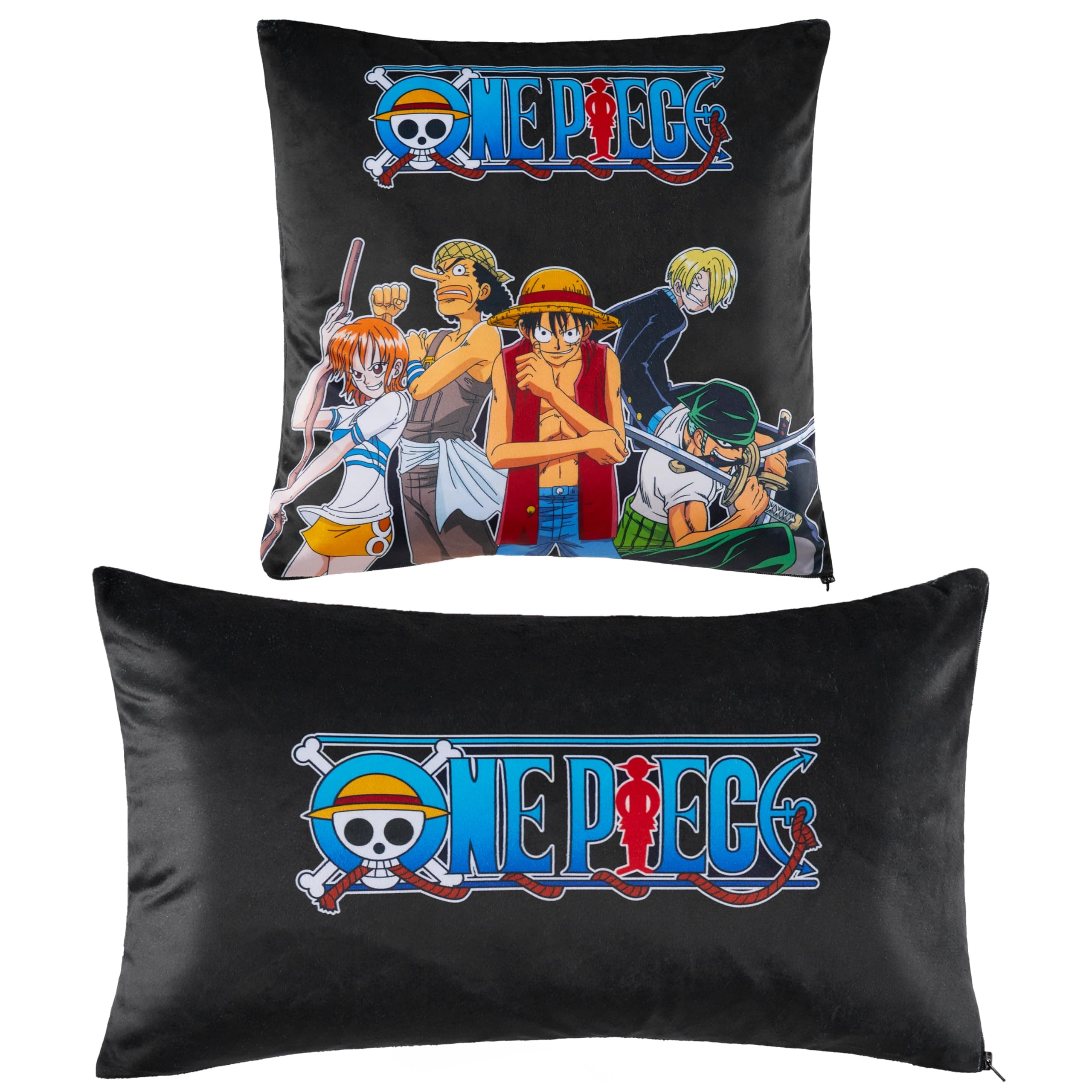 2-Pc Cushion Cover Set, Pillow Covers for Bed, Couch, Rectangular 20x12 in, Square 14 x14 in, Luffy Straw Hat Anime Gifts for Boys