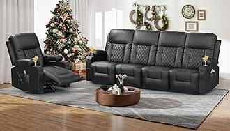 Oversized Recliner Sofa Set with 4+1 Pieces in Living Room, 4 Seater Reclining Sofa with USB Ports, Cell Phone Holders, 1 Recliner Chair with Vibration Massage and Heat Single Sofa Seat