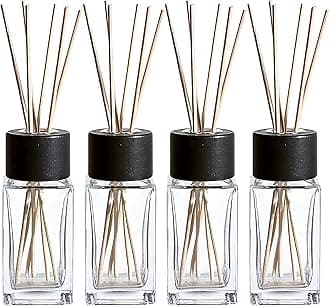 WHOLE HOUSEWARES Natural Diffuser Reeds Bottles Sticks | Clear Glass Home Décor for Kitchen and Living Room | Black Wood Caps | Décorative Fragrance Set with Long Lasting Aroma - Set of 4