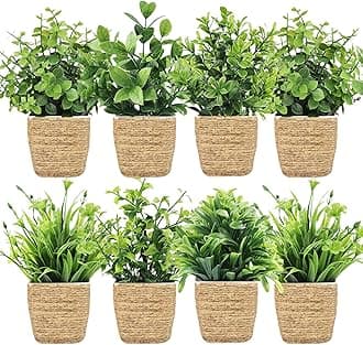 Dekorly Artificial Potted Plants, Artificial Plastic Eucalyptus Plants Small Indoor Potted Houseplants, Small Faux Plants for Home Decor Bathroom Office Farmhouse (Pack of 8 Jute Pot), Green