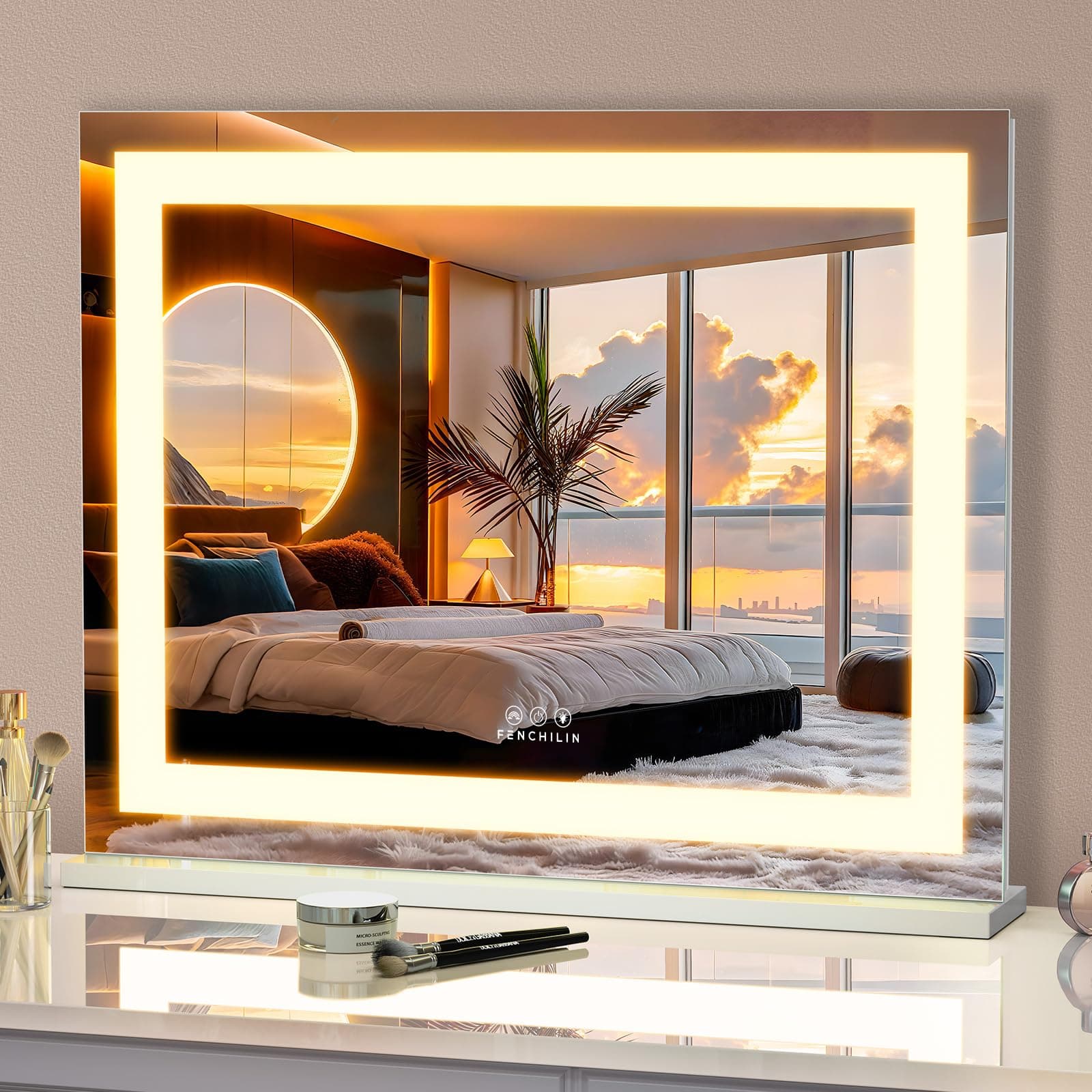 Vanity Mirror with Lights, 23" x 18" RGB Backlit + Front Lit Hollywood Makeup Vanity Mirror LED Strip with 3 Colors Modes Smart Touch for Dressing Room & Bedroom White