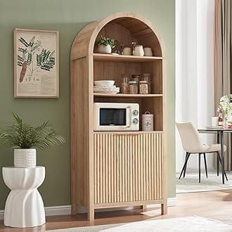 Arched Cabinet Bookshelf Bookcase - 71” Tall Mid Century Arched Display Cabinets, Rounded Bookshelf with Fluted Doors, Open Shelf Storage Cabinet for Dining Room (Natural)