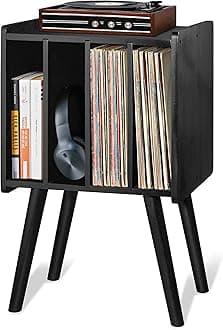 Wooden LP Record Player Stand with 4 Cabinets, Holds up to 100 Vinyls, Metal Record Storage Holder and Organizer Table, Classical Design for Files/Book (Mid-Century Modern)