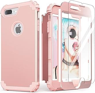 for iPhone 8 Plus Case,for iPhone 7 Plus Case with Screen Protector, 3 in 1 Shockproof Hybrid Heavy Duty Protection Hard PC Cover Soft Silicone Bumper, Full Body Sturdy Cover, Rose Gold