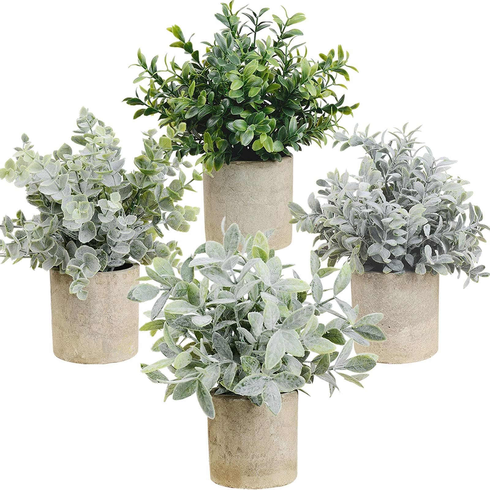 HappyHapi Set of 4 Mini Potted Artificial Eucalyptus Plants Plastic Fake Green Rosemary Plant for Home Decor Office Desk Shower Room Decoration
