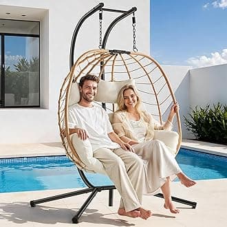 ONBRILL Double Egg Chair with Stand, Indoor Outdoor 2 Person Hammock Swing Chair with Cushions & Headrest, 650LBS Capacity Hanging Loveseat for Patio, Bedroom, Garden, Balcony (Yellow-Beige)