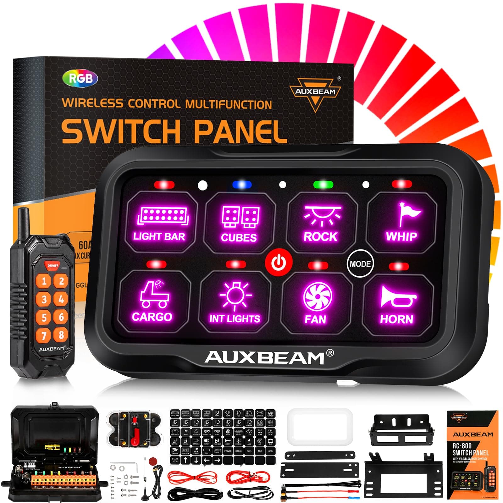 Auxbeam 8 Gang Switch Panel RC-800 RGB Wireless Remote Control Range Up to 165FT Multifunction Switch Pod 3 lighting modes with Backlit Off and Auto Dimmable for RV Offroad Waterproof 3 Years Warranty