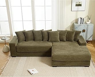WILLIAMSPACE 111" Sectional Sofa Couch for Living Room, Modern Upholstered L-Shape 3 Seater Sofa Couch with Chaise & Pillows, Contemporary Corner Sofa for Apartment, Corduroy (Right-Facing,Green)
