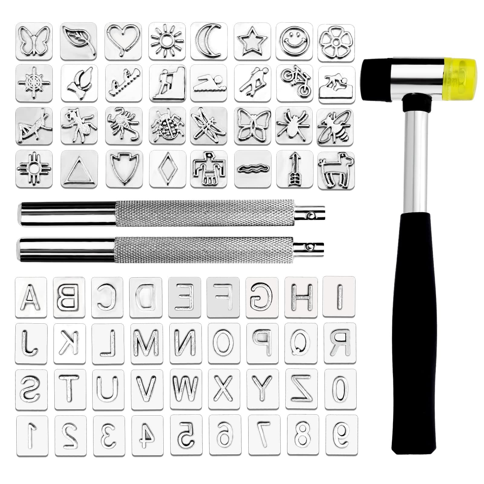 71 PCS Leather Stamping Tools, with 68 PCS Letters, Numbers and Patterns, 2 PCS Punch Tools, Leather Stamp Set for Leather Working