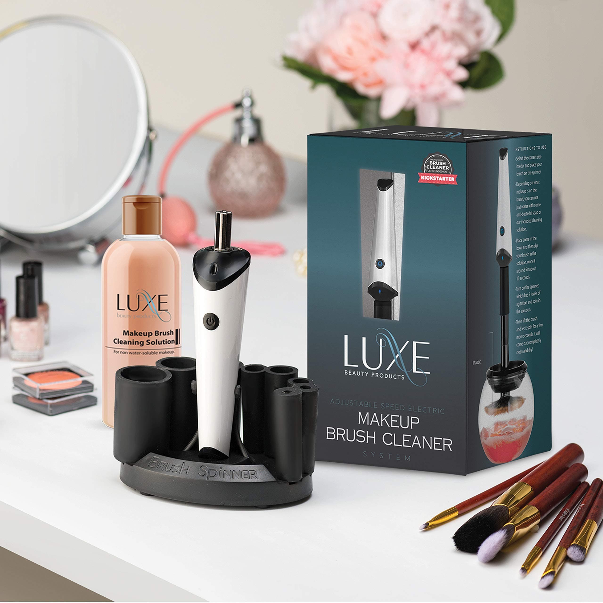 Luxe Electric Makeup Brush Cleaner Machine with Cleaning Solution - USB Charging Station, Automatic Brush Washer and Dryer - 3 Adjustable Speeds for Easy Cleaning - Complete Set for Hygienic Brushes