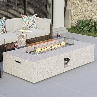 COSIEST Outdoor Propane Fire Pit Table, 56" x 28" Rectangle Terrazzo White Concrete-Like Finish, Certified, 50,000 BTU Stainless Steel Burner w Transparent Gray Fire Glass, Wind Guard, Raincover