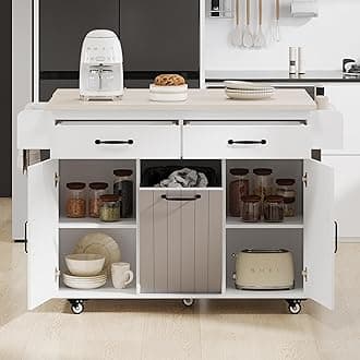Ball & Cast Kitchen Island with Trash Can Storage Cabinet,Kitchen Cart W/Drop Leaf,Spice Rack,Towel Rack and Drawers,Rolling Kitchen Islands on Wheels W/Adjustable Shelf for Dining Room,White Oak