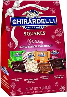 Ghirardelli Chocolate Squares Limited Edition Holiday Assortment | 14.8 oz XL Bag | Dark Chocolate, Mint Peppermint, Bark Milk Chocolate, Caramel Dark Chocolate 60% Cacao