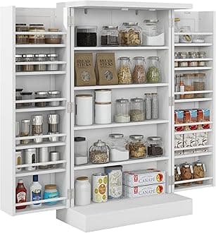 HOMCOM 41" Kitchen Pantry Storage Cabinet, Freestanding Kitchen Cabinet with 12 Door Shelves, Double Doors, 5-Tier Shelving and Adjustable Shelves, Painted White