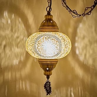Authentic Turkish Plug in Pendant Light, 6.5" Big Size Globe, Made in Turkey, Turkish Moroccan Mosaic Ceiling Hanging Pendant Light Fixture Lamp, Swag Plug-in with 15ft Cord and Chain