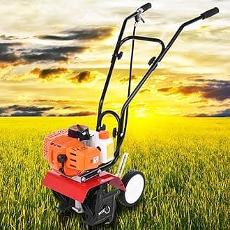 Talent Star Garden Tiller, Petrol Cultivator 2 Stroke 9000RPM 1.2L Fuel Tank 6-inch Working Depth 6-inch Working Depth Digging 52cc Garden Mini Tiller Orange