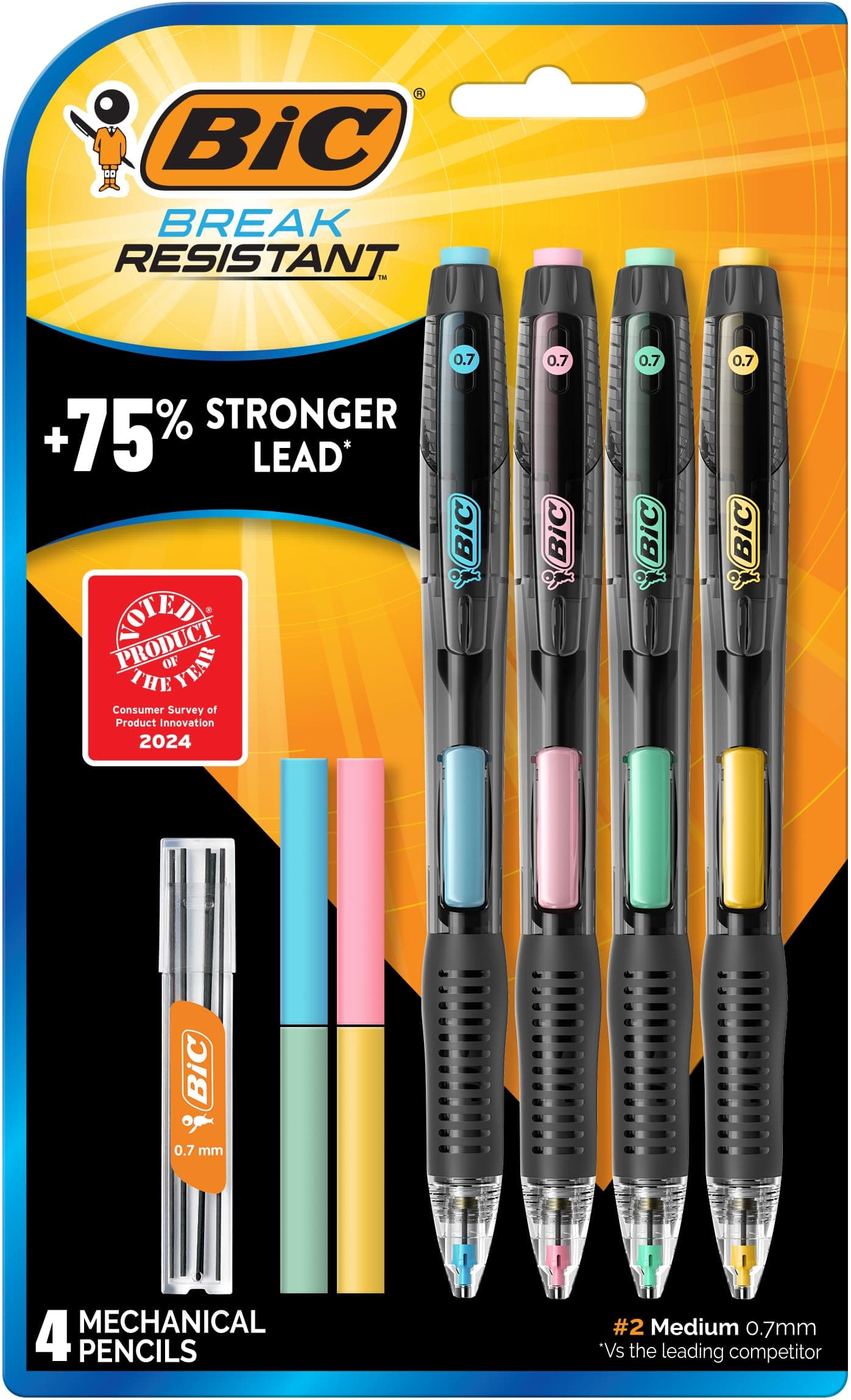 Break-Resistant Mechanical Pencils with Erasers, No. 2 Medium Point (0.7mm), 4-Count Pack Pencils for School or Office Supplies