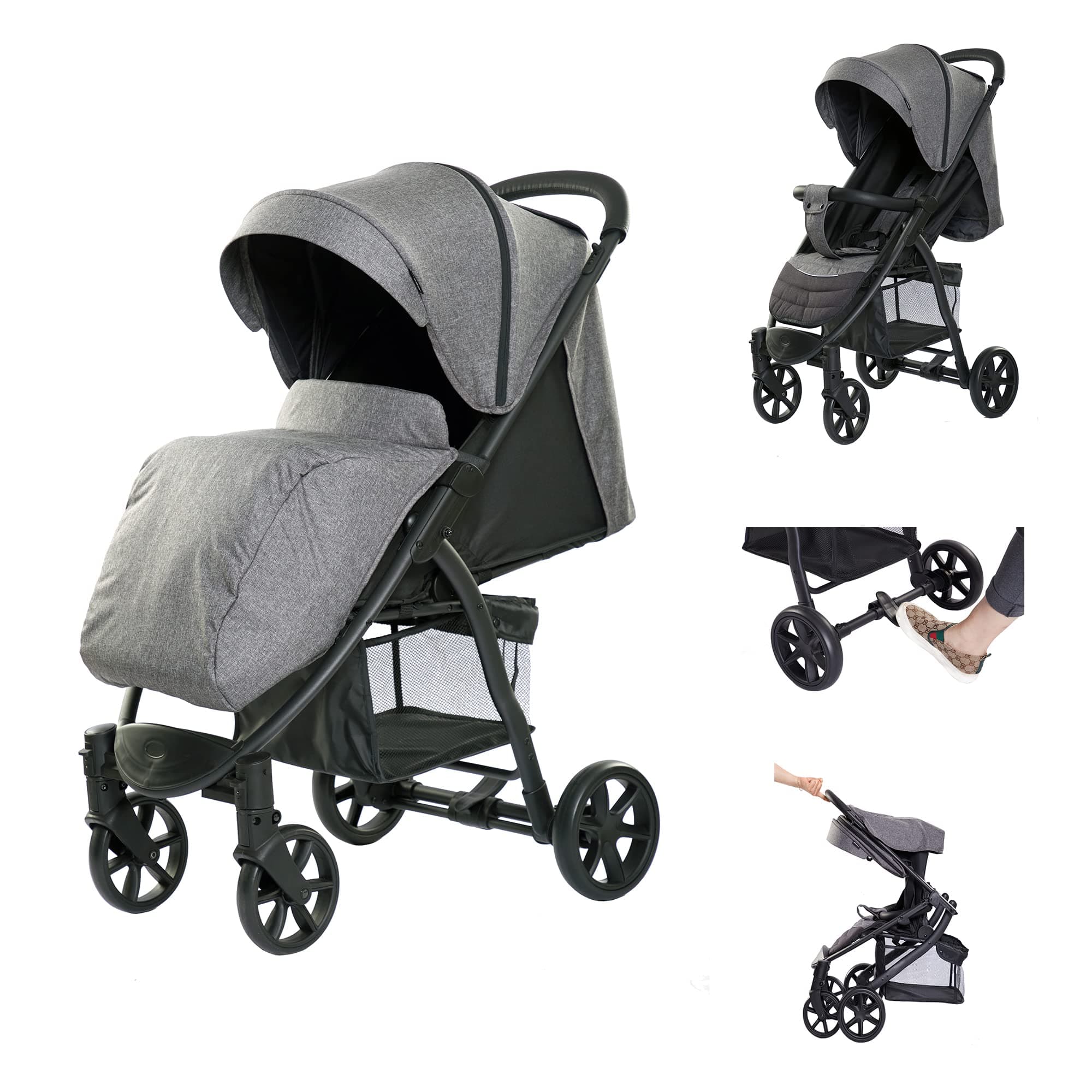 RICCO Baby Foldable Easy Steer Buggy Stroller Pushchair with 3-Position Recline System, 5 Point Harness Seat Belts, Adjustable Front Bumper/Backrest/Footrest/Canopy for 0-3 Years (HR706-GREY)