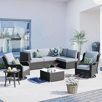 HOOOWOOO Patio Outdoor Sectional Furniture Sofa Set with Swivel Chairs,8 Pieces L Shaped Corner Wicker Rattan Couch Set with Glass Table,Modern 6 Persons Summer Patio Conversation Set(Grey)