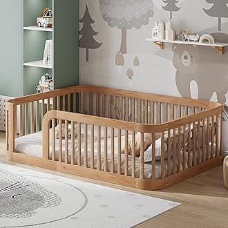 Full Floor Bed with High Fence and Rounded Corner Design, Montessori Floor Bed Frame with Guardrail and Entrance, Easy Assemble Montessori Beds Full Size, Natural
