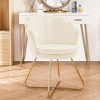 Furniliving Vanity Chair with Back, Upholstered Accent Chair for Living Room, Makeup Chair for Bedroom Sherpa ArmChairs Home Office Desk Chair with Gold Metal Legs (White)