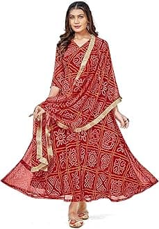 VIHARA THREADS Women's Bandhani Print Anarkali Kurta with Matching Dupatta, Ethnic Indian Wear