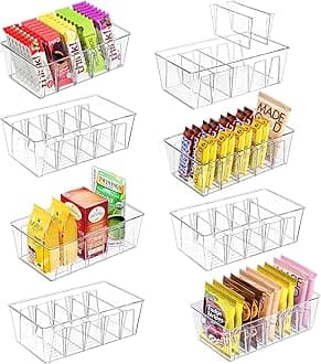 Puricon 8 Pack Pantry Organization and Storage Bins for Kitchen Fridge Countertop Cabinet, Stackable Clear Plastic Storage Racks with Removable Dividers, 5 Compartments for Snacks Packets Spices