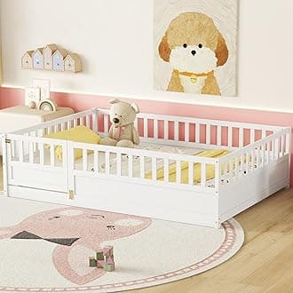 Full Floor Bed with Slats and High Fence, Full Size Montessori Floor Beds with Door, No Box Spring Needed, Easy Assemble Montessori Bed Frame(White Full)