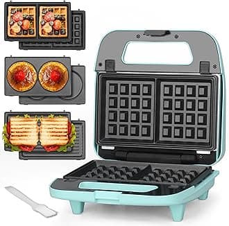 Baker’s Friend 3 in 1 Mini Waffle Maker with Removable Plates, Mini Pancake Maker, Grilled Cheese Maker, Breakfast Sandwich Maker Press, Indoor Grill, Belgian Waffle Maker, Aqua