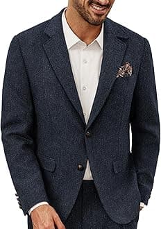 Mens Blazer Vintage Wool Blend Sport Coat Herringbone Tweed Blazer Suit Jacket with Pocket Square