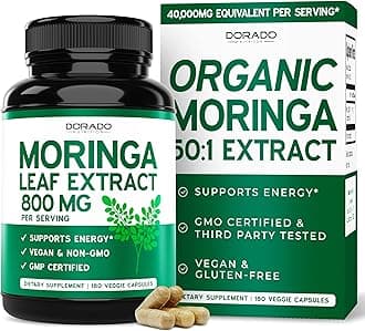 Organic Moringa Capsules 40,000mg (3 Month Supply) Pure Organic Moringa Leaf Powder Supplement - Energy, Skin, Gut Health Support - Vegan Safe, Third Party Tested & Non GMO - USA Made - (180 Capsules)