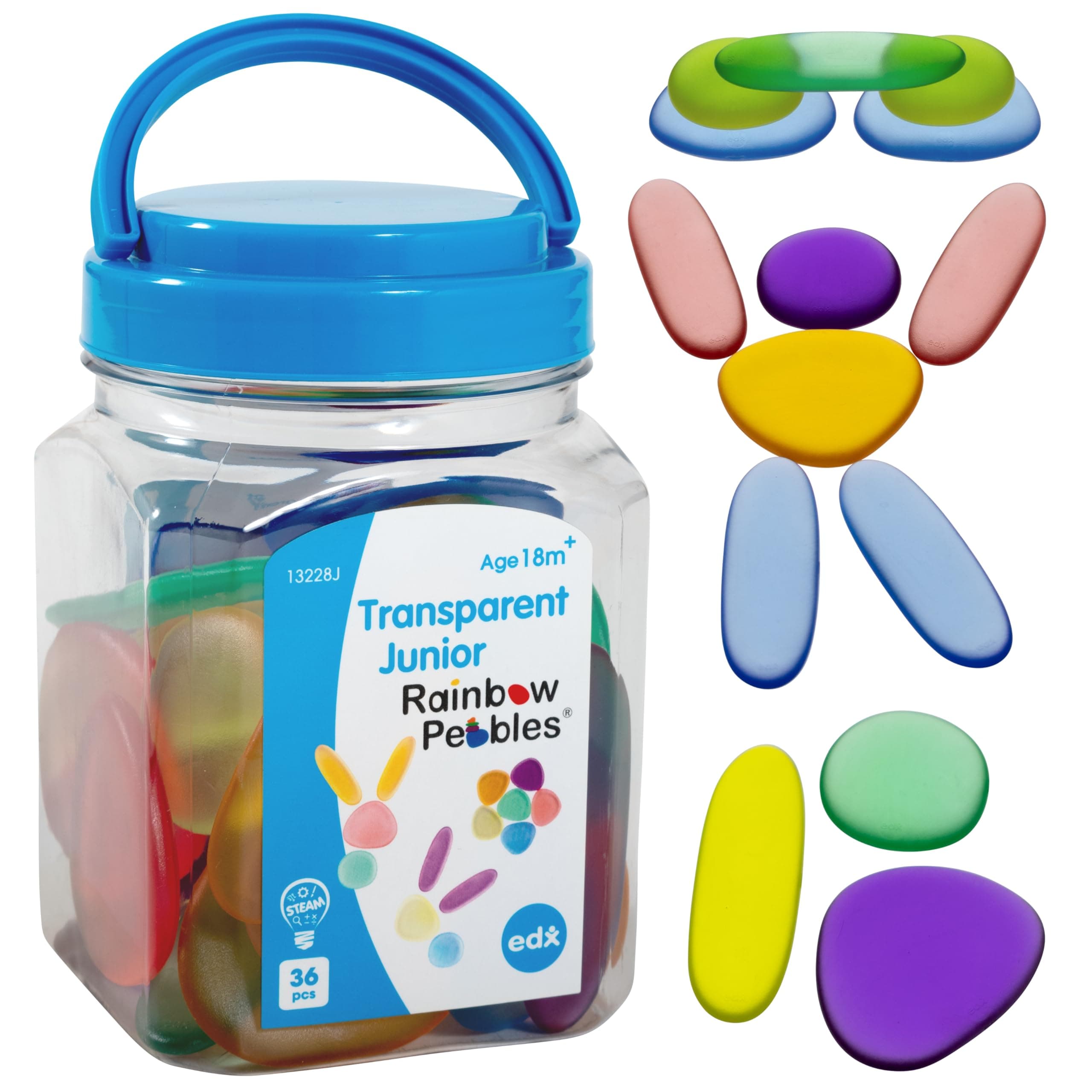 Rainbow Pebbles | Junior | Transparent | Mini Jar | Ages 18m+ | Set of 36 Sorting and Stacking Stones | First Counting and Sorting Toy