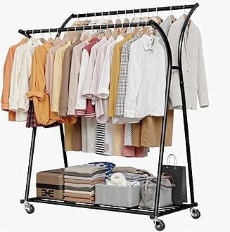 Raybee Clothes Racks for Hanging Clothes, Clothing Rack with Sturdy Wheels Load 360LBS, Portable Double Rod Garment Racks for Closet, Bedroom, Commercial Use, Black
