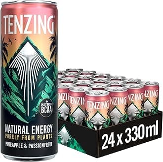 TENZING Natural Energy Drink, Plant Based, Vegan, & Gluten Free Drink, +BCAA, Pineapple & Passionfruit, 330ml (Pack of 24) - Packaging may vary