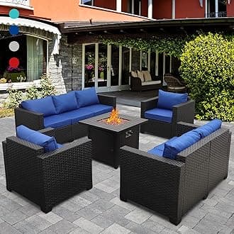 Rattaner Patio Furniture Sectional Sofa 5-Piece 50000 BTU Propane Gas Fire Pit Outdoor Wicker Furniture Set Square Steel Pit Table Grille Tabletop No-Slip Cushions Furniture Covers, Royal Blue