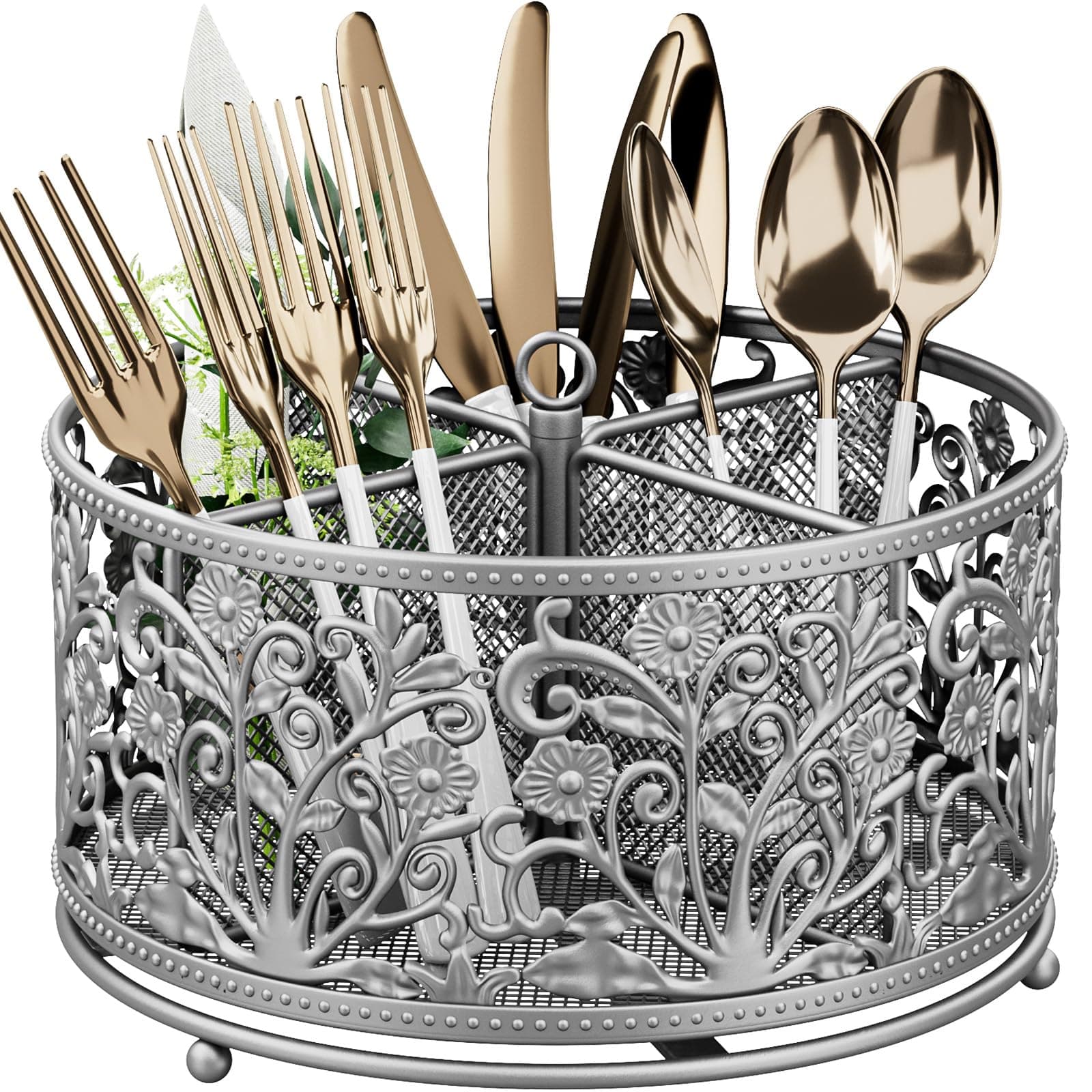360° Rotating Utensil Caddy - Silverware Cutlery Caddy Holder with 4 Compartment, Metal Flatware Organizer Countertop with Handle for Party Camping Picnic, Kitchen Counter, Office (Silver)