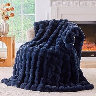 Fluffy Faux Fur Throw Blanket for Couch, Soft Plush Thick Cozy Fuzzy Luxury Minky Bubble Blanket for Home Living Room Decor Gift for Women, Navy Blue, 51" x 63", 1100GSM