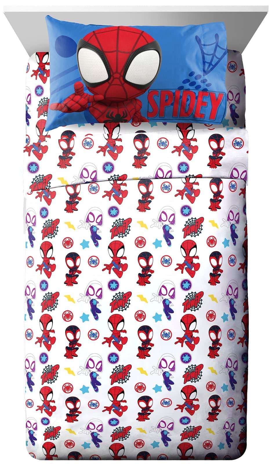 Kids Sheet Set with Fitted, Flat Sheets & Pillow Cover - Ultra-Soft Bedding with Pillowcase for Room Decor, White - Spidey & Friends, 3 Piece Twin