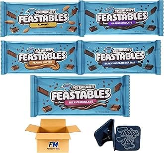 Feastable Mr Beast Chocolate Bars Peanut Butter, Milk Chocolate, Dark Chocolate, Dark Chocolate Sea Salt and Almond Bars (6 Pack) by FANTASTY MALL, Full Size