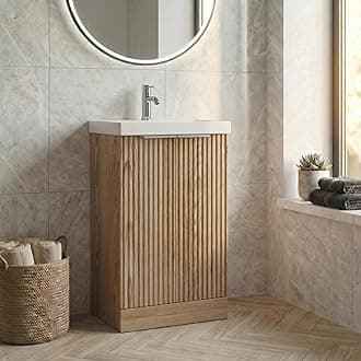 Fluted 500mm Bathroom Vanity Unit Ceramic Wash Sink, Cloakroom Storage Furniture Under Basin Cabinet Floorstanding Cupboard, Wood