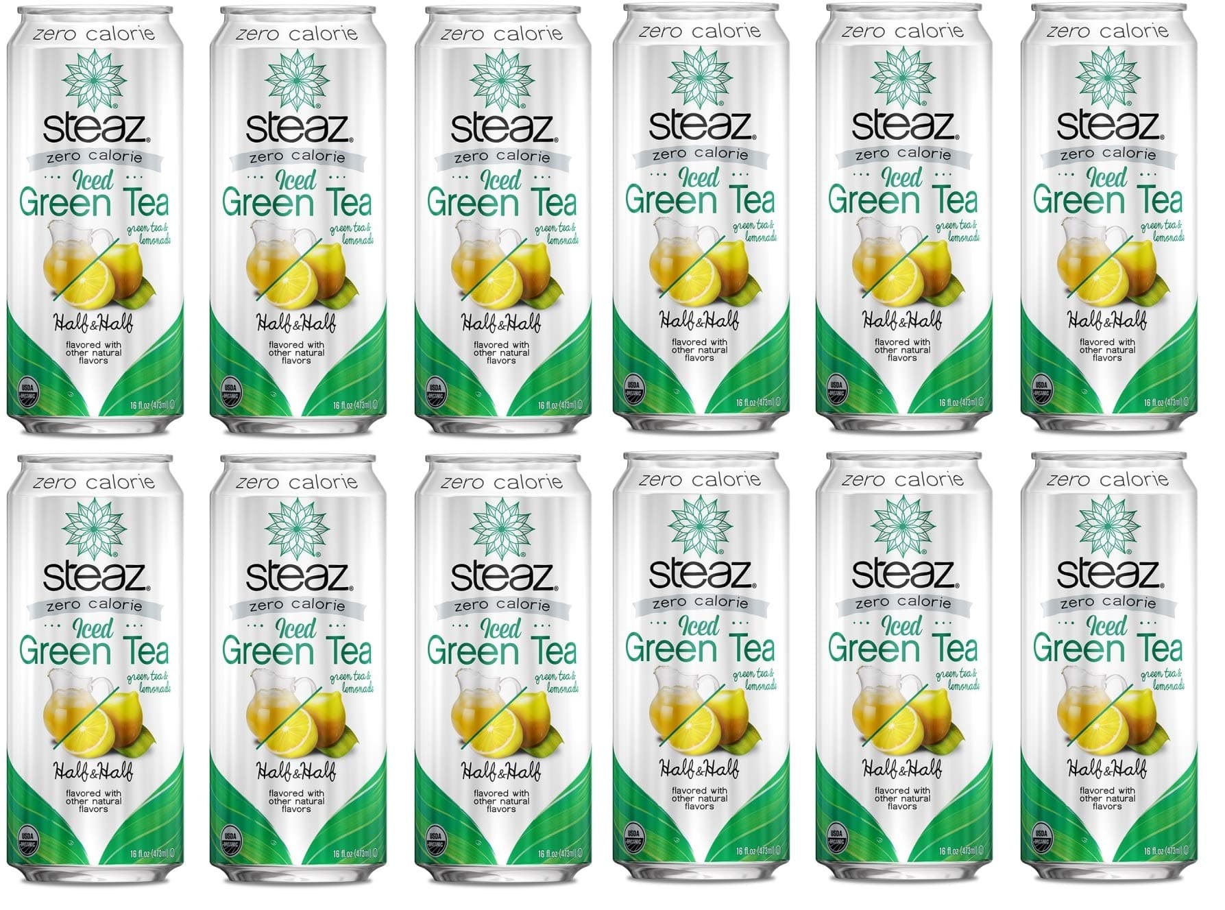 Steaz Organic Zero Calorie Half Iced Green Tea & Half Lemonade, 16 OZ (Pack of 12)