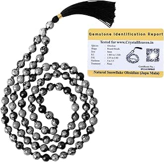 - Certified Snowflake Obsidian Crystal Japa Mala Ganthi - 108 Beads Buddhist Prayer Beads - AAA Grade Original Healing Gemstone Agate Mala for Yoga Meditation Spiritual Reiki Feng Shui