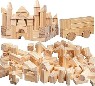 Wooden Blocks Set - 100 Pc Natural Colored Wood Building Block Toys- 100% Real Wood, 14 Different Shapes, Great Gift for Kids or School Project, Hands On Indoor Activity Play- Build, Stack and Create