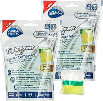 Care+Protect Triple Power Pod Descaler & Degreaser For Washing Machine-Dishwasher, Full Cycle Sanitizer, Cleaner, Limescale Remover, Energy Saving Solution, Maxi Pack Of 12 Pods, 12 Months Protection