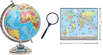GEOKRAFTEducational 8 Inch Political Metal Base STEM Globe with Magnifying Glass and World Political Chart (Multicolor)