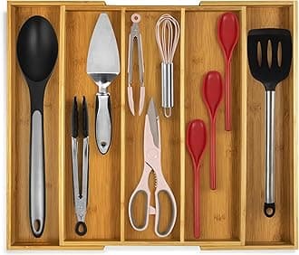 Purawood Kitchen Drawer Organizer - Expandable Utensil Drawer Organizer for Kitchen, Cutlery Tray & Silverware Organizer, 3-5 Slots - Bamboo Organizer for Utensils & Flatware (Natural)