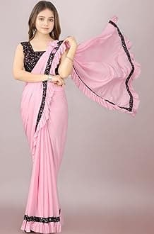 Dhyey fashion Fashionable Baby Girls Lycra Blend Saree with Velvet Unstitched Blouse Piece | Readymade Saree For Girls | Sarees For Girls