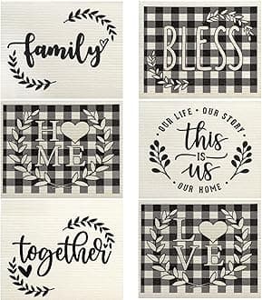 6 Pcs Farmhouse Swedish Kitchen Dishcloths Black and White Buffalo Plaid Sponge Cloth Love Family Together Home Reusable Absorbent Hand Towels for Kitchen Bathroom and Cleaning Counters