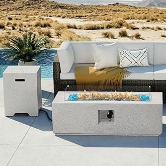 COSIEST 2-Piece Outdoor Propane Fire Pit Table Set w Tank Table, 42-inch Terrazzo Rectangle Fire Table (50,000 BTU) w 16 inches Tank Cover Side Table 20lb, Wind Guard, Blue Fire Glass, Rain Cover