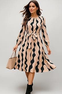 Leriya Fashion Women’s A-Line Midi Dress | Long Sleeve Belted Fit and Flare Gown | Elegant Printed Casual Outfit
